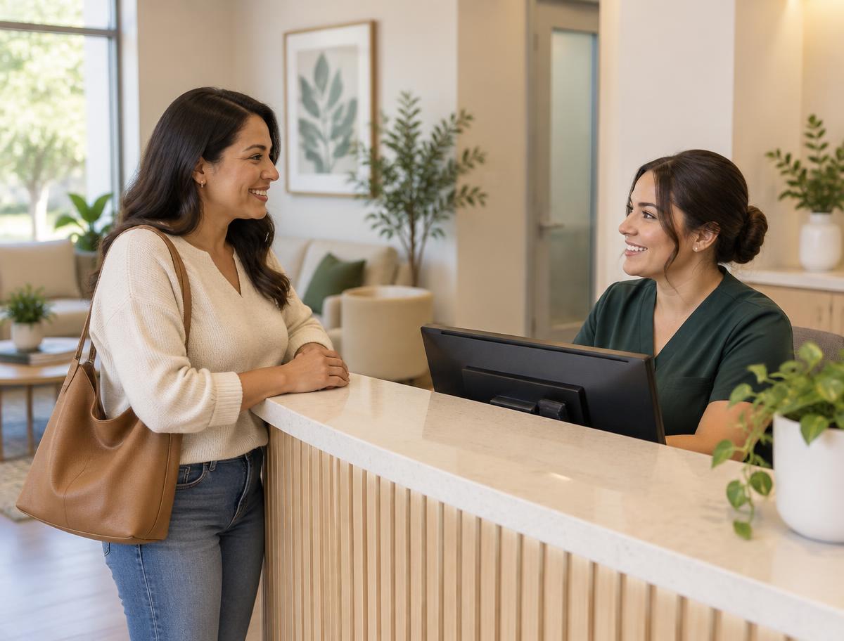A Spanish-speaking patient smiling with a dental office receptionist